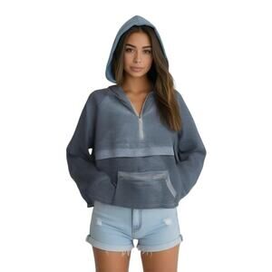 BiBi 1/2 Zip Corduroy Hoodie Pullover Long Sleeves Cargo Pockets Slate Blue L